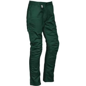 Mens rugged cargo pants in a deep green colour, featuring multiple pockets and a logo on the waistband.