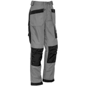 A pair of grey and black men's ultralite multi-pocket work pants with various pockets and a rugged design.