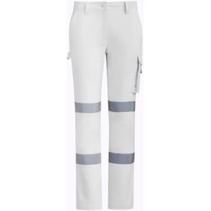 A pair of women's light grey work pants with grey reflective tape and cargo pockets. Features a logo on the waistband.