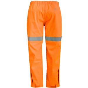 Bright orange waterproof pants with reflective stripes, featuring an elastic waistband and zippered lower legs.