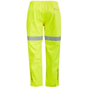 Bright yellow waterproof pants with reflective stripes, designed for workwear. Features an elastic waistband and zippered openings.