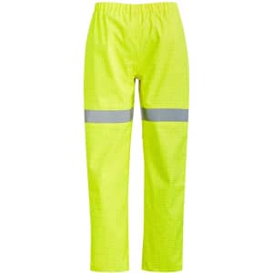 Bright yellow waterproof pants featuring reflective strips for visibility, designed for workwear applications.
