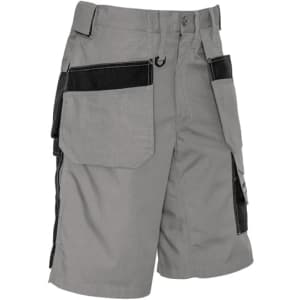 A grey pair of multi-pocket shorts with black accents, featuring various pockets and a logo.