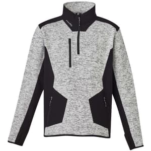 A grey and black unisex 1/2 zip pullover with reinforced knit features and a logo.