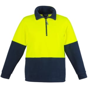 A unisex hi-vis polar fleece pullover in bright yellow and dark navy, featuring a half zip and a logo.