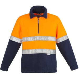 A unisex hi-vis polar fleece pullover in orange and navy blue, featuring reflective hoop tape and a zip neckline.