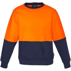 A unisex crew sweatshirt featuring an orange upper and navy lower portion, with a logo on the front.