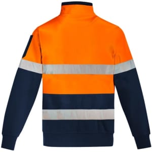 A hi-vis 1/4 zip pullover in orange with navy details and hoop tape reflective stripes at the back.