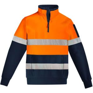 Hi Vis 1/4 zip pullover in orange and navy, featuring reflective hoop tape detailing and a logo on the sleeve.