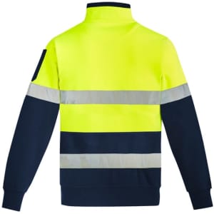 A high visibility 1/4 zip pullover in bright yellow and navy, featuring reflective hoop tape and a logo.