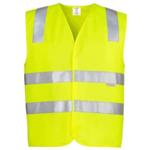 A bright yellow unisex hi-vis basic vest with reflective silver stripes for enhanced visibility. Features a branding logo.