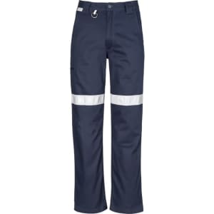 A pair of navy blue utility pants featuring reflective tape and a logo, designed for workwear.