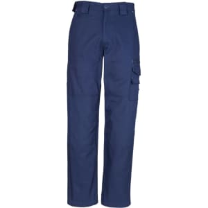 Navy blue work pants with multiple pockets and a fitted design, featuring a logo on the waistband.