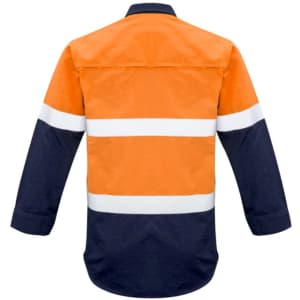 Orange and navy work shirt with hooped white tape, featuring a closed front and long sleeves. Includes a logo.