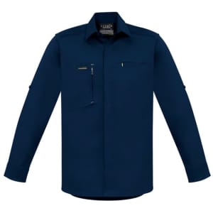A navy long-sleeve stretch shirt with a pocket and branding, designed for workwear.