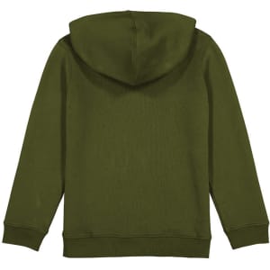 A green hoodie with a hood and long sleeves, featuring a logo on the back.