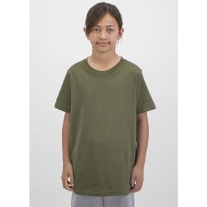 A kids' short sleeve tee in olive green, displayed on a young child standing against a neutral background.