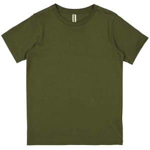 A green short sleeve T-shirt with a crew neck and no visible designs or patterns. It features a branding label.