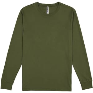 A long-sleeve tee in olive green, featuring a simple design and a brand label at the neck.