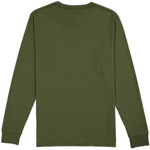 An olive green long sleeve tee with a crew neckline and a logo on the back.