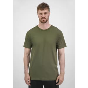 A men's short sleeve tee in olive green, featuring a classic crew neck and a plain design. It has a subtle logo.
