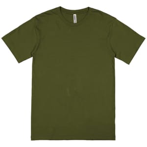 An olive green men's short sleeve T-shirt with a crew neck and a label inside the collar.