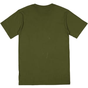 A plain olive green men's short sleeve t-shirt, featuring a simple design and a logo on the back.