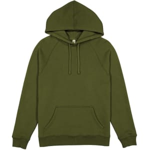 An olive green women's hoodie featuring a front pocket and a hood, with a simple design and branding.