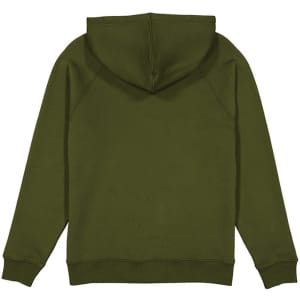 An olive green women's hoodie featuring a hood and ribbed cuffs, with a plain back and no visible branding.