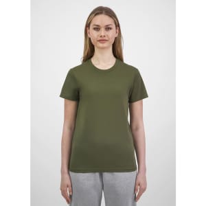 A short-sleeve women's tee in olive green, featuring a crew neck and a fitted silhouette.