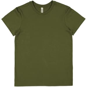 An olive green women's short sleeve T-shirt with a round neck and a logo tag.