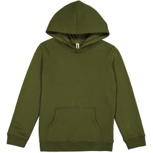 An olive green youth hoodie featuring a front pocket and a drawstring hood, with branding visible.
