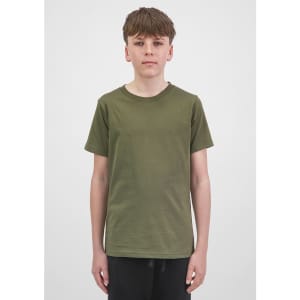 A short sleeve tee in olive green, featuring a classic cut and a plain design, displayed on a model.