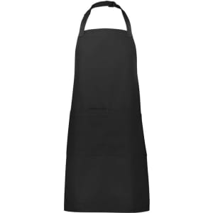 A black Barley apron featuring a front pocket and adjustable neck strap, with a logo. Ideal for workwear.