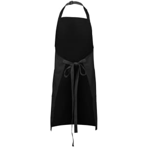 A black apron with adjustable straps, featuring pockets and a tied waist. It has a simple, modern design.