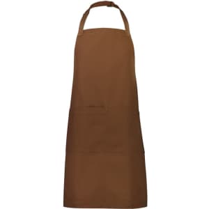 A brown apron featuring a large pocket and an adjustable neck strap. It has a simple design and a logo.