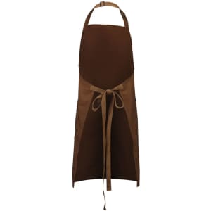 A brown Barley Apron with a waist tie and pockets, featuring a logo on the front.