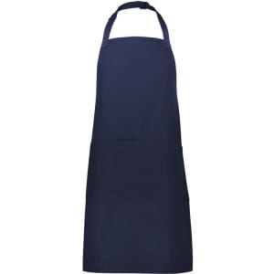 A navy blue apron featuring a pocket and an adjustable neck strap, with a simple logo design.