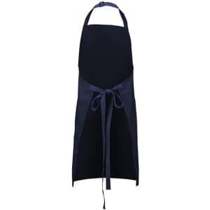 A navy blue apron featuring adjustable neck straps and a tie at the waist. The design includes a logo.