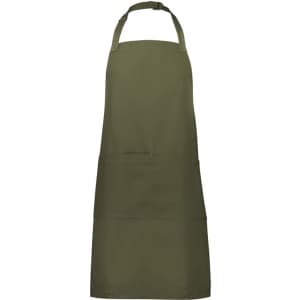 A green apron featuring two front pockets and a neck strap, showcasing a simple, minimalist design.