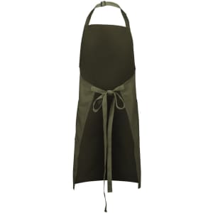 An olive green apron featuring a tie waist and pockets, with a logo on the front.