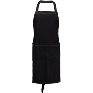 A black apron with a simple design, featuring pockets and a neck strap. It has visible stitching details.