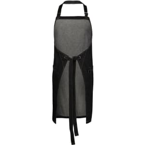 A black and grey apron with adjustable straps, features two pockets and a tied waist. It has a logo.