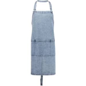 A denim apron in light blue with adjustable straps and front pockets, featuring a logo on the front.