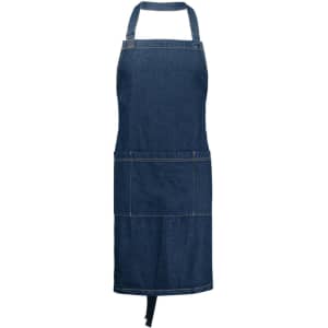 A denim apron with a pocket and adjustable neck strap. It features a logo on the front.