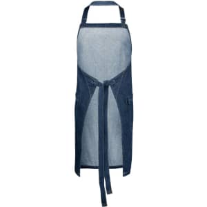 A denim apron featuring a lighter denim front, adjustable straps, and pockets with a tie waist.