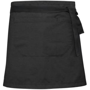 A black waist strap apron featuring a back pocket and a tied belt, ideal for chefwear.
