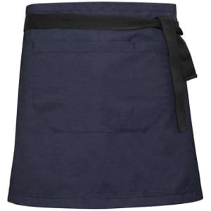A navy waist strap featuring a black tie and a pocket, designed for chefwear. Includes branding.