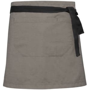 A grey urban waist strap apron with a black tie and a back pocket, featuring a logo.