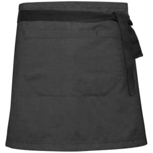 A dark grey waist strap apron with a tie belt and a front pocket, featuring a logo.